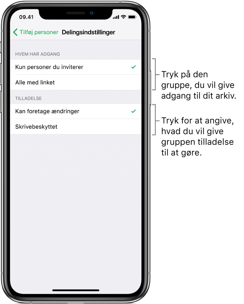 Skærmen Delingsindstillinger, der viser de tilladelser, du kan indstille til det delte arkiv. Øverst er der muligheder, der bestemmer, hvem der har adgang til arkivet (kun dem, du inviterer, eller alle, der har et link til arkivet). Derunder er de handlinger, du vil give disse personer tilladelse til (foretage ændringer af arkivet eller kun se det).