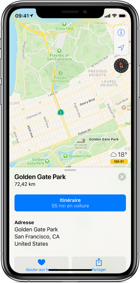 Un plan des transports en commun de San Francisco. Des boutons permettant de choisir la présentation et d’afficher votre position actuelle apparaissent dans le coin supérieur droit. Une fiche en bas de l’écran comprend des informations sur le parc du Golden Gate, mais également des boutons pour les fonctions Flyover et Itinéraire, ainsi que trois photos du parc.