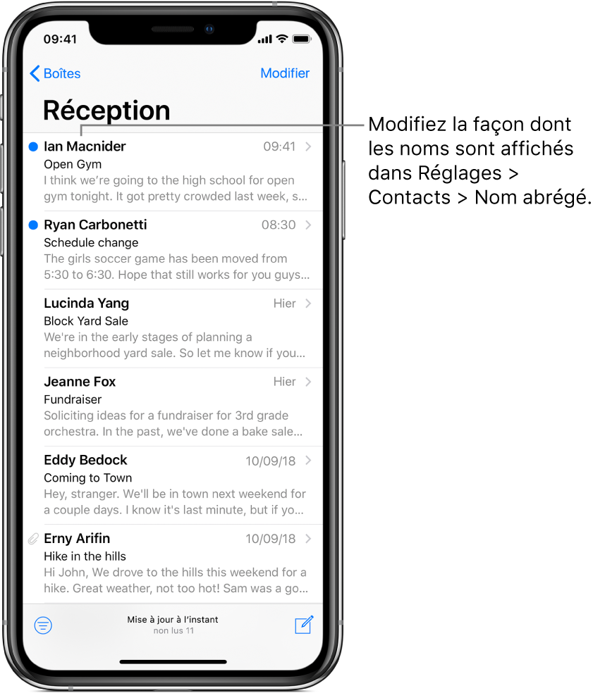 Aperçu d’un e-mail dans la boîte de réception montrant le nom de l’expéditeur, l’heure d’envoi, l’objet et les deux premières lignes de l’e-mail. Pour modifier la façon dont les noms sont affichés, accédez à Réglages > Contacts > Nom abrégé.