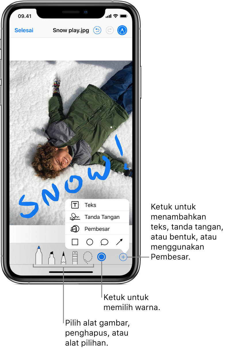 Gambar di jendela Penambahan. Di bawah gambar, dari kiri ke kanan, terdapat tombol untuk alat Markah: pena gambar, penghapus, alat pilihan, warna, dan tombol untuk menambahkan kotak teks, tanda tangan, dan bentuk, serta untuk memilih Pembesar.