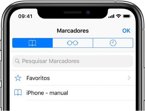 O ecrã Marcadores, com opções para ver favoritos e o histórico de navegação, juntamente com os marcadores.