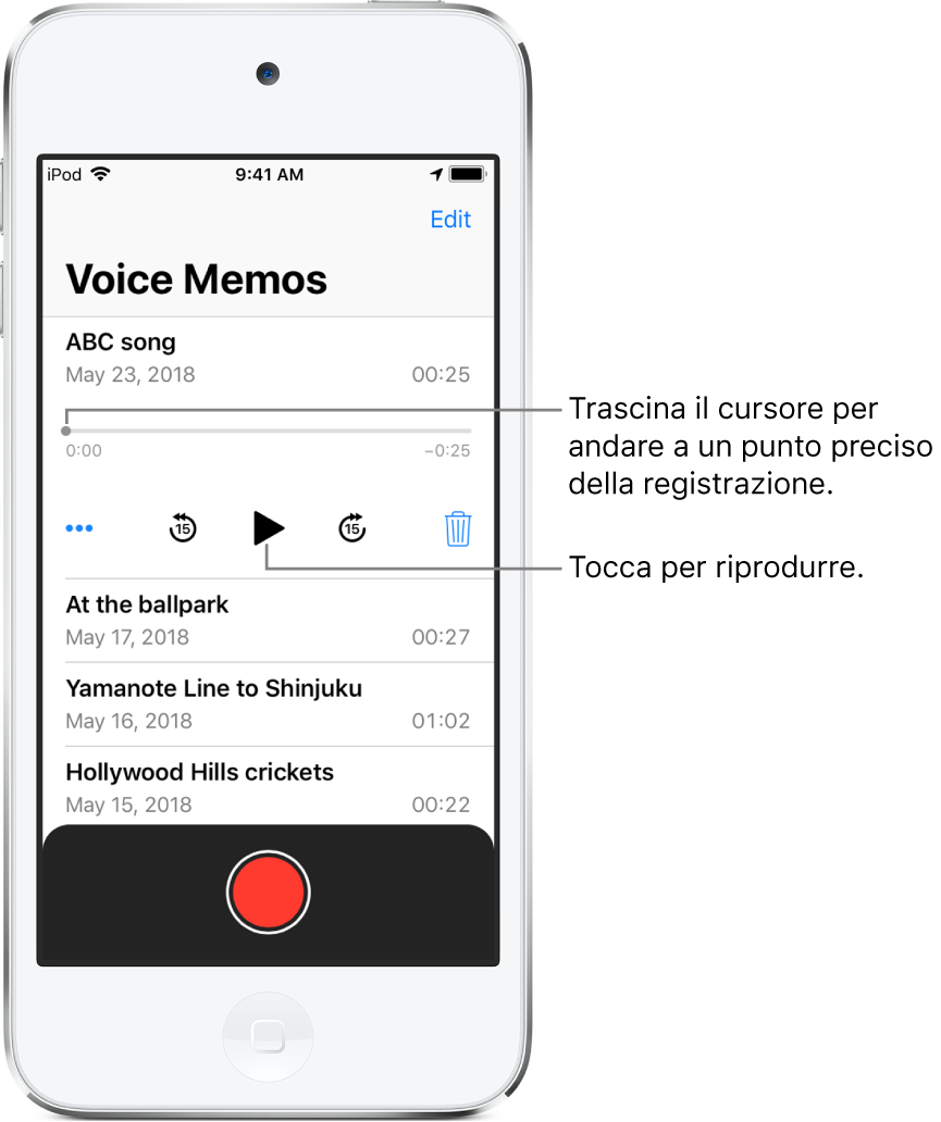 La schermata elenco di Memo Vocali con una registrazione selezionata nella parte superiore. La barra di scorrimento della registrazione presenta un cursore di riproduzione e il tempo di inizio e fine alle due estremità. Sotto la timeline sono presenti il pulsante Altro, che puoi toccare per modificare, duplicare o condividere una registrazione, il pulsante per tornare indietro di 15 secondi, il pulsante Riproduci, il pulsante per andare avanti di 15 secondi e il pulsante Elimina. Sotto questi controlli è presente un elenco di registrazioni che possono essere aperte toccandole.