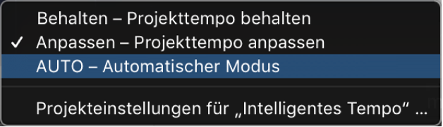 Abbildung. Menü in der Anzeige „Tempo“ mit den drei Modi für „Smart Tempo“