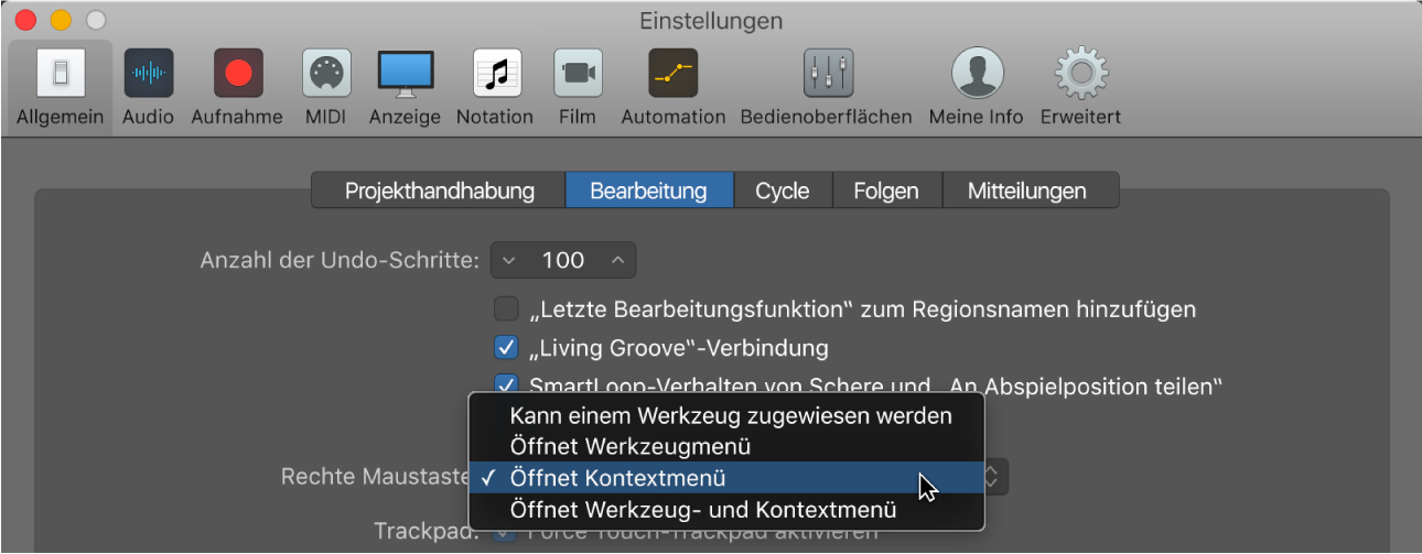 Abbildung. Einblendmenü „Rechte Maustaste“ im Bereich „Bearbeitung“ in den allgemeinen Einstellungen