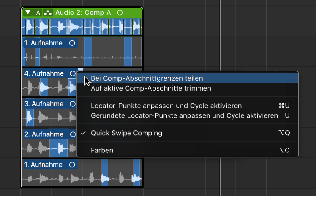 Abbildung. Auswählen von „An Comp-Abschnittgrenzen teilen“ aus dem Kontextmenü