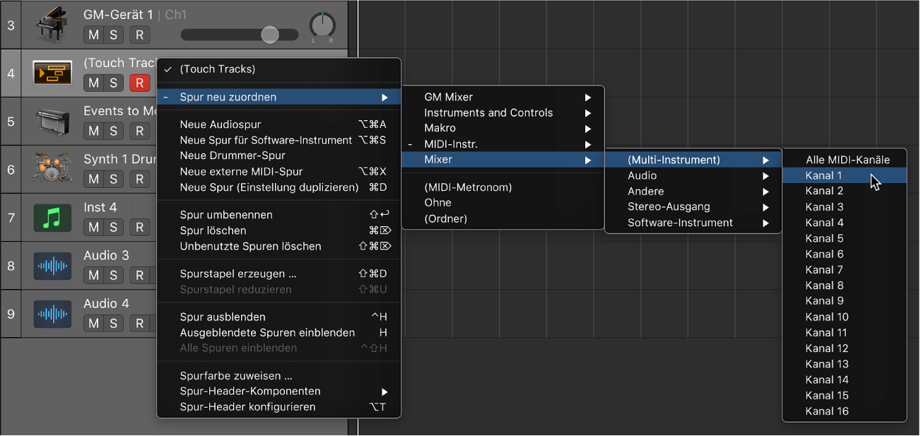 Abbildung. Suchen nach dem Mapped Instrument im Kontextmenü „Spur neu zuordnen“ im Bereich „Spuren“