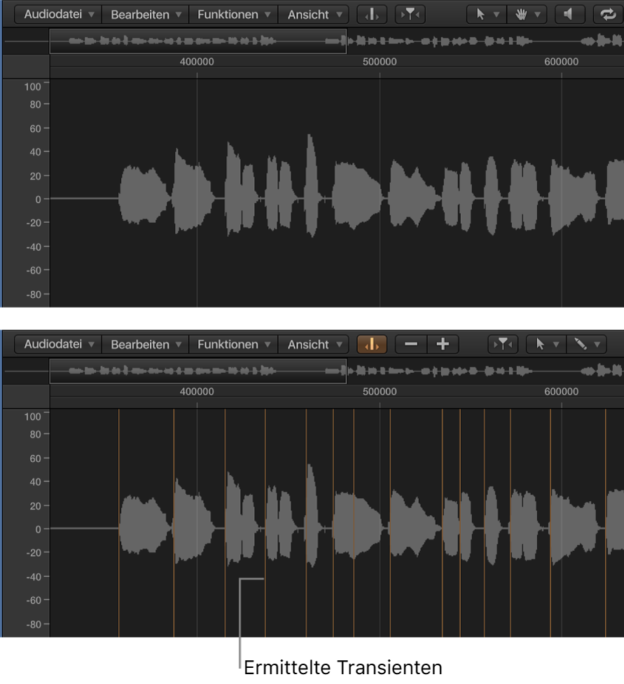 Abbildung. Audioregion im Audiodateieditor ohne und mit Transienten