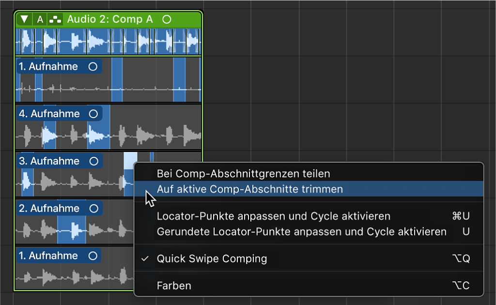 Abbildung. Auswählen von „Auf aktive Comp-Abschnitte trimmen“ aus dem Kontextmenü