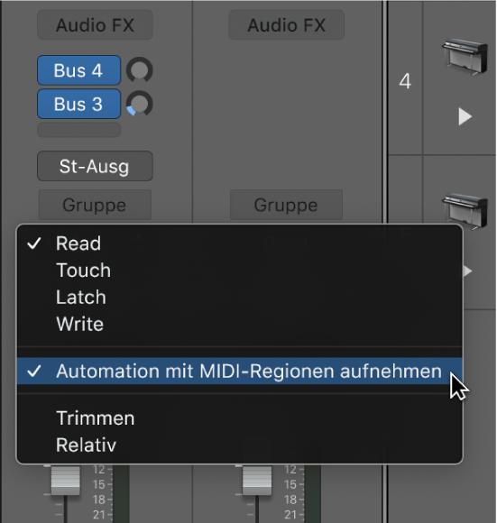 Das Menüobjekt „Automation mit MIDI-Regionen aufnehmen“ im Einblendmenü „Automationsmodus“