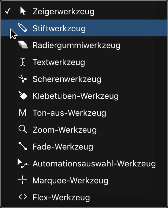 Abbildung. Das Werkzeugmenü des Pianorolleneditors mit dem ausgewählten Stiftwerkzeug