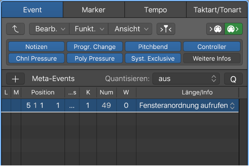 Abbildung. Event-Liste mit Meta-Event-Fensteranordnung