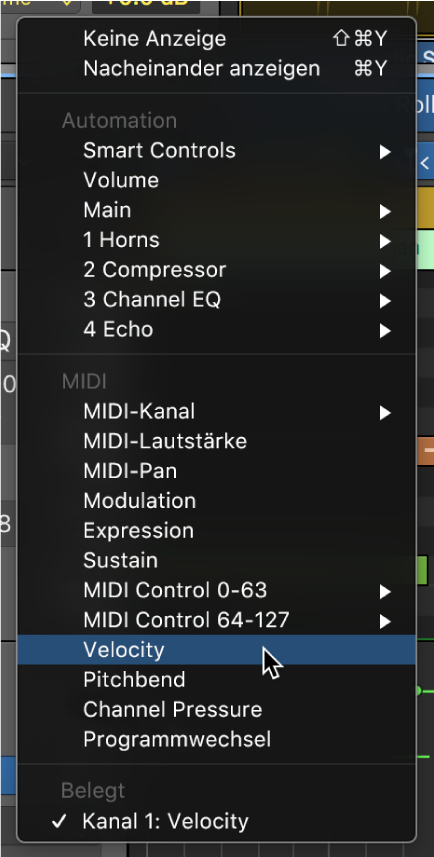 Abbildung. Im Einblendmenü „Automation/MIDI-Parameter“ ausgewählte MIDI-Daten