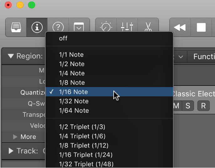 Figure. The Quantize pop-up menu in the Region inspector.
