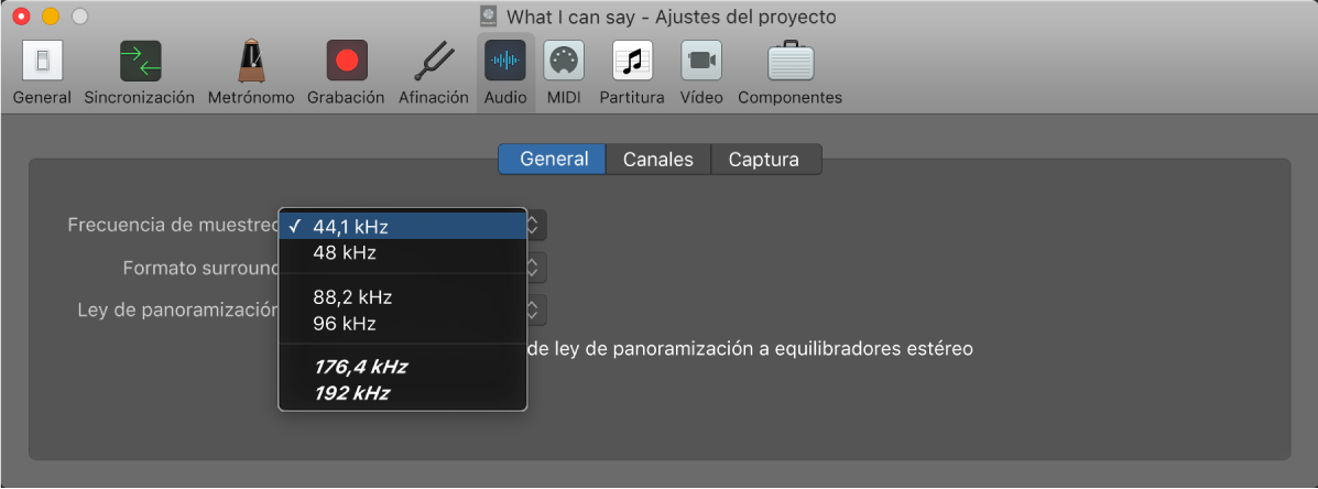 Ilustración. Menú “Frecuencia de muestreo” en el panel Audio de “Ajustes del proyecto”.