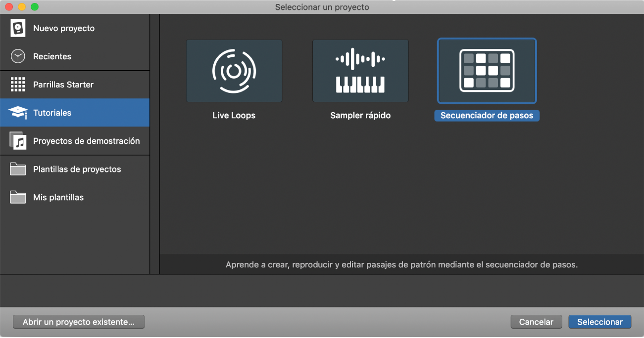 Ilustración. Selector de proyectos con un proyecto de tutorial seleccionado.