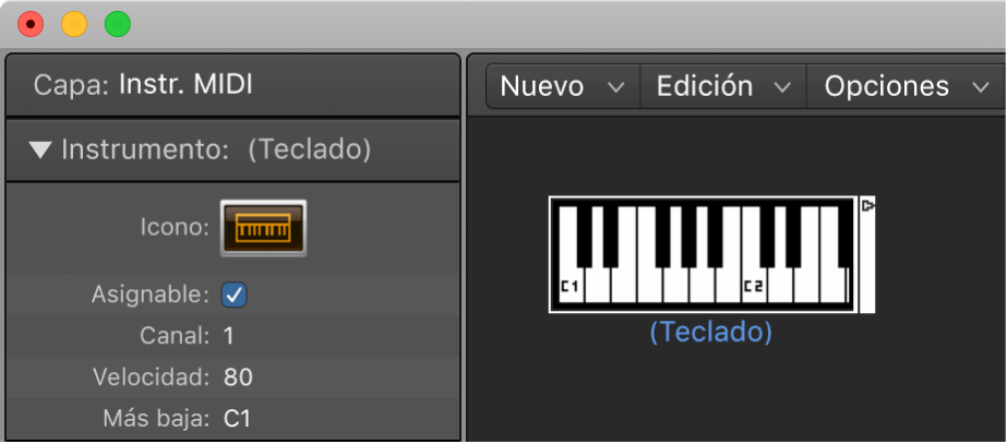 Ilustración. Ventana Entorno con un objeto teclado y su inspector.