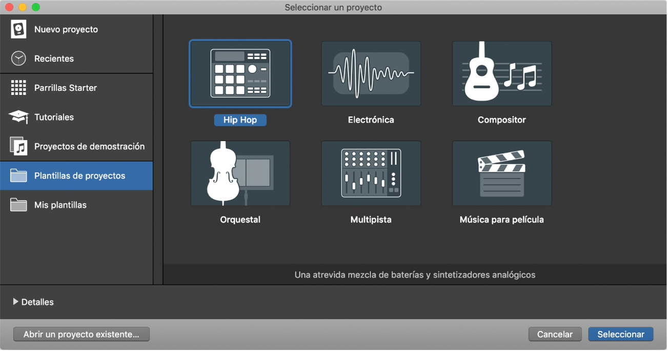 Ilustración. Selector de proyectos con una plantilla de tipo “Proyecto vacío” seleccionada.