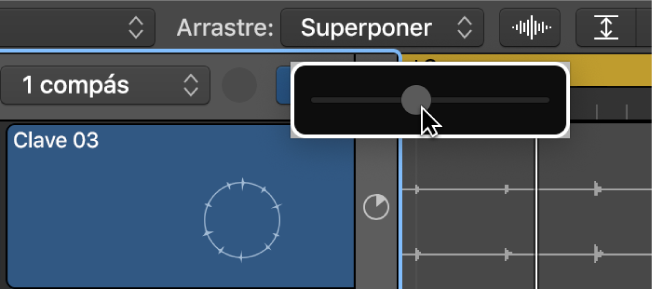 Ilustración. Uso del regulador del zoom para ajustar configurar el ajuste del zoom de la parrilla de Live Loops.