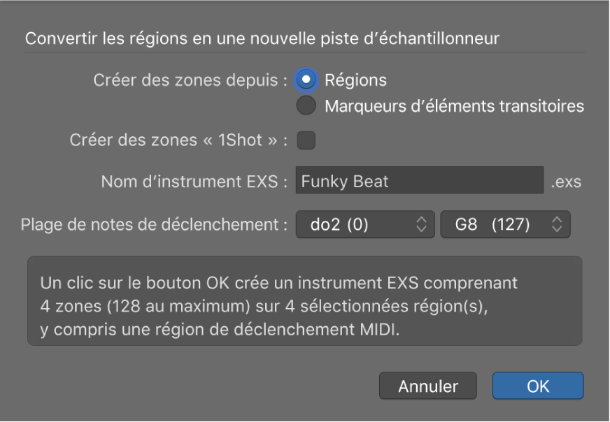 Figure. Zone de dialogue Convertir les régions en une nouvelle piste d’échantillonneur.