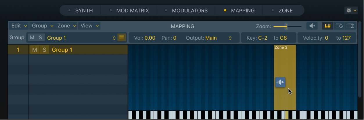 Figure. Présentation du clavier de la sous-fenêtre Mapping de Sampler montrant un fichier audio en cours de glissement sur une zone vide.