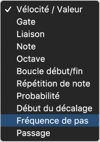 Menu local Sélecteur du mode d’édition du séquenceur pas à pas.