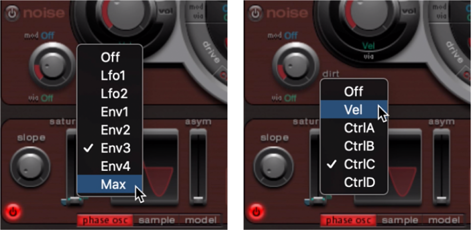 Figure. Menus locaux Mod et Via de saturation de l’oscillateur 2.