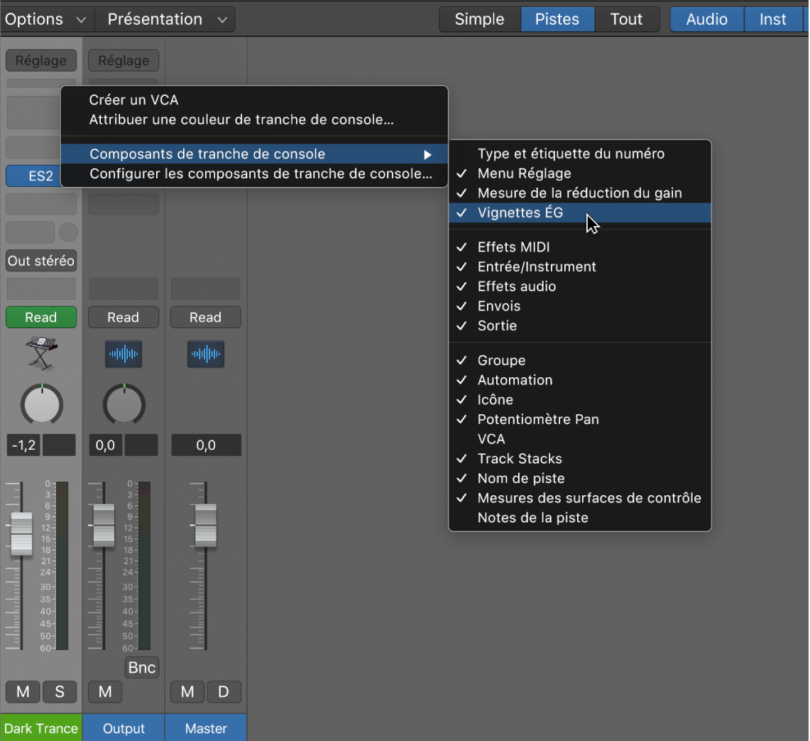 Figure. Menu local Composants de tranche de console.