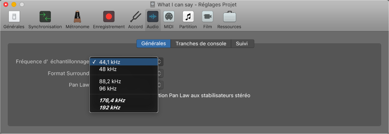 Figure. Menu Fréquence d’échantillonnage dans la sous-fenêtre des réglages de projet Audio