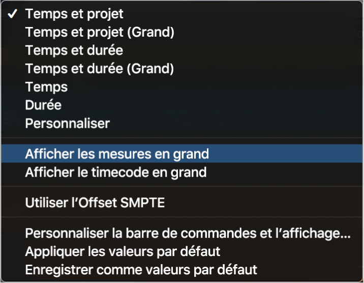 Figure. Menu de l’écran LCD, avec le réglage « Utiliser le décalage SMPTE » sélectionné.