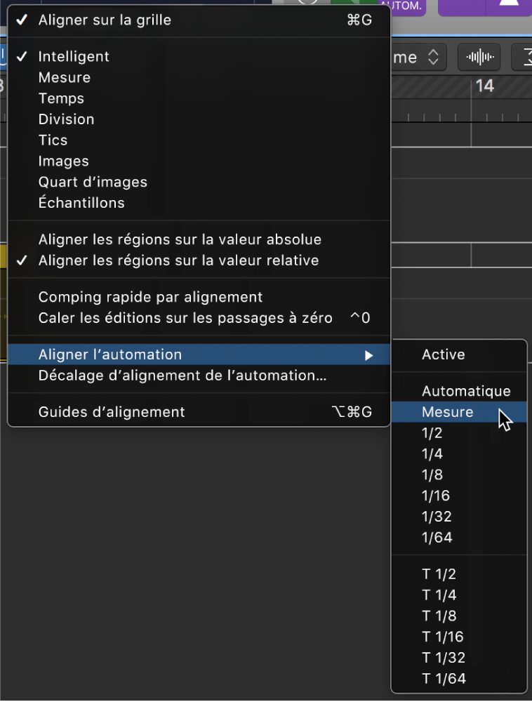 Figure. Pointeur placé sur la commande du menu local Aligner l’automation.