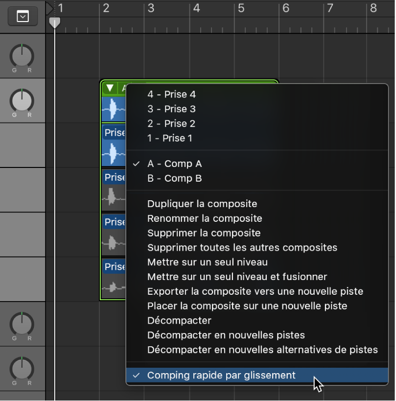 Figure. Sélection de l’option « Comping rapide par glissement » dans le menu local.