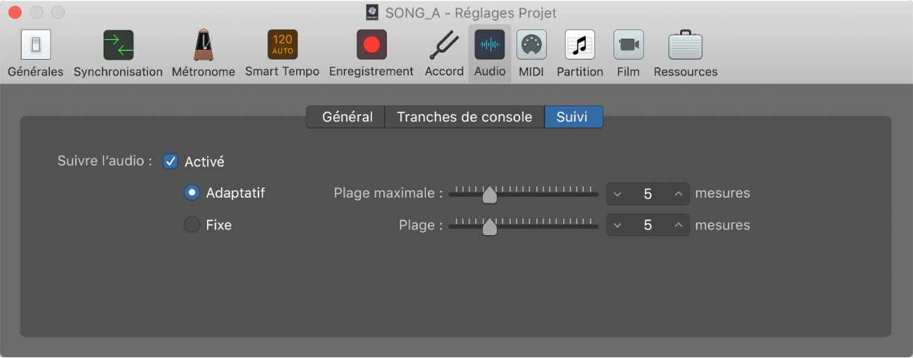 Figure. Réglages Suivre l’audio.