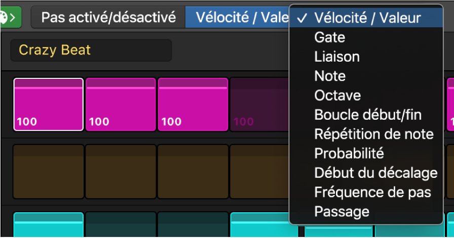 Sélecteur du mode d’édition du séquenceur pas à pas montrant les différents modes.