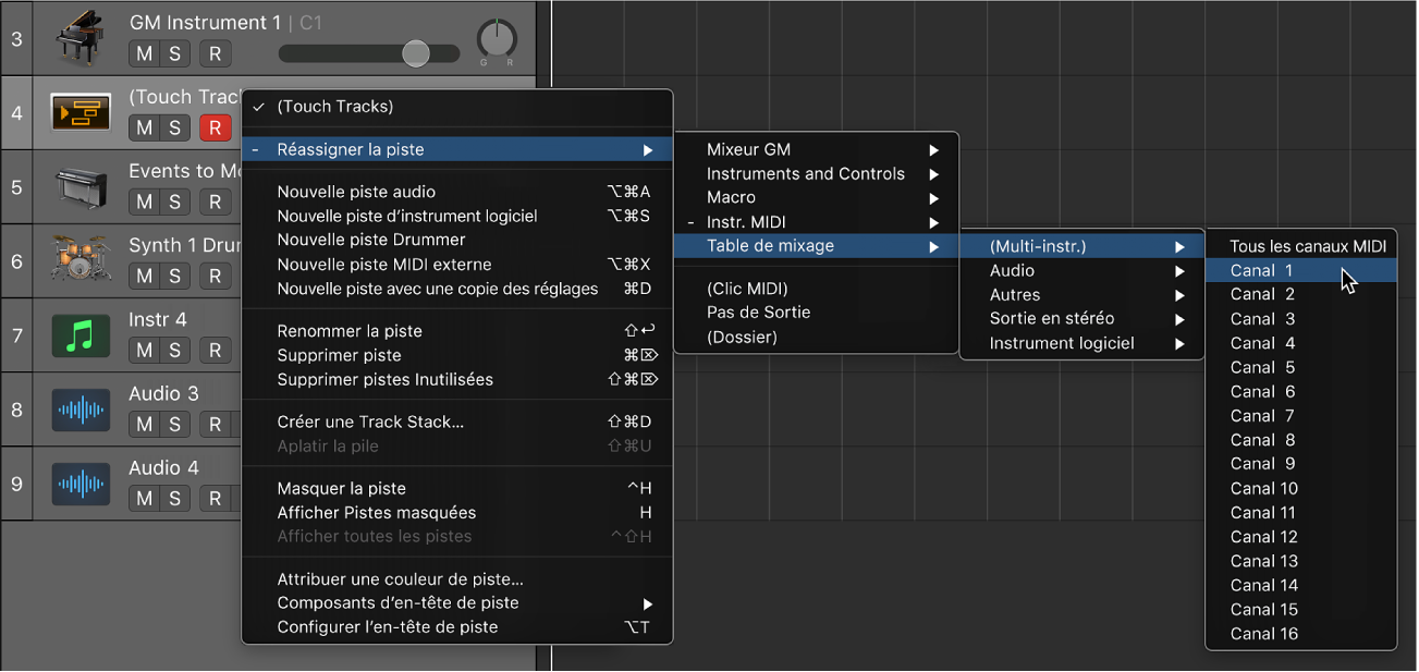Figure. Accès à l’instrument mappé dans le menu contextuel Réassigner la piste de la zone Pistes.