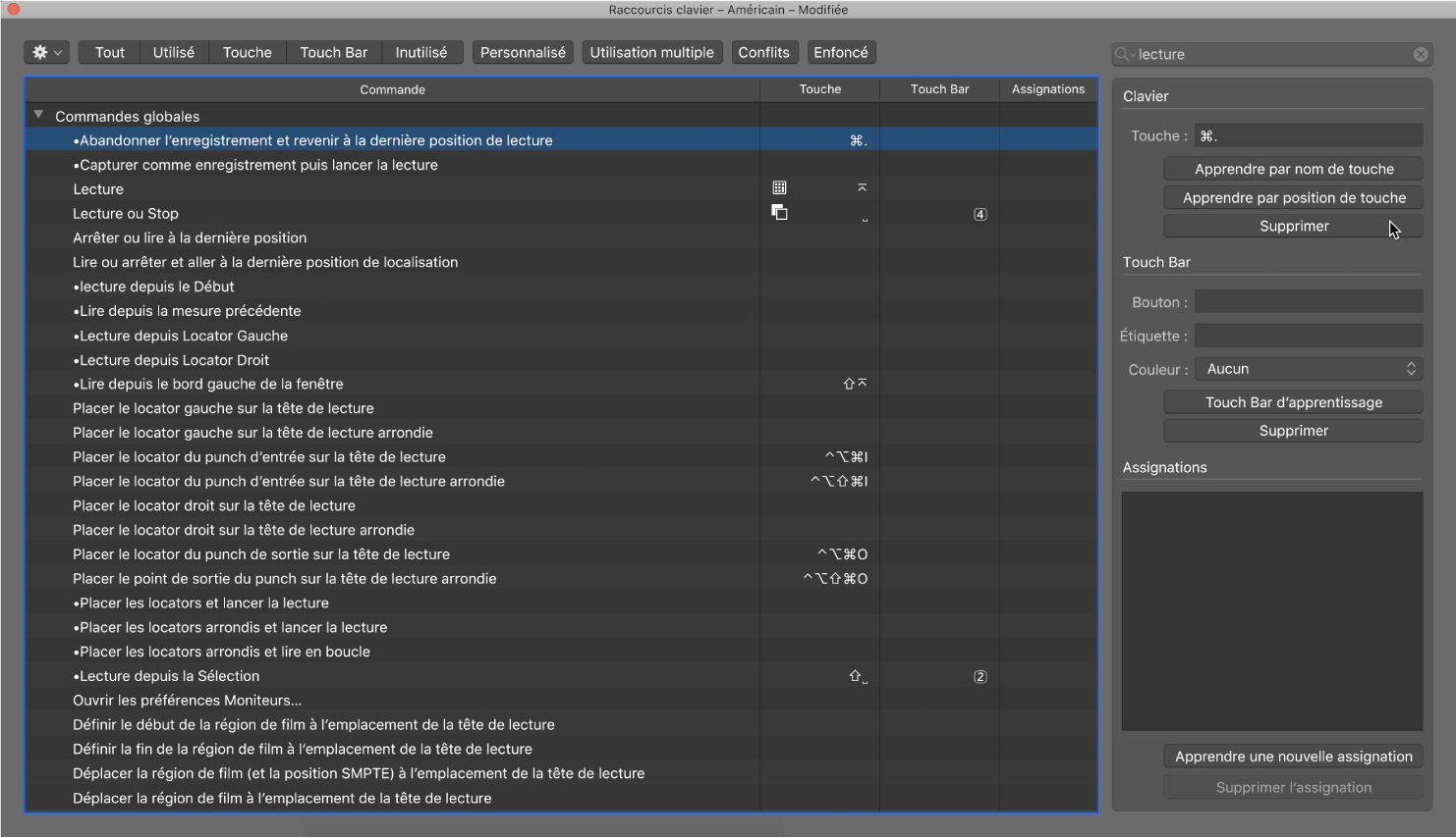 Figure. Suppression d’une assignation de raccourci clavier :