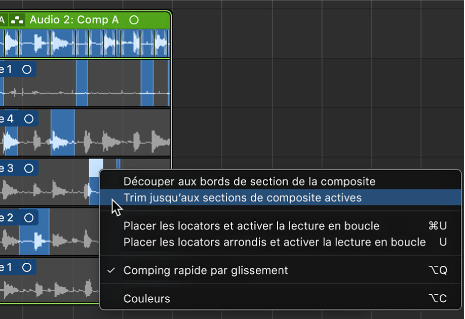 Figure. Sélection de « Trim jusqu’aux sections de composite actives » dans le menu contextuel.