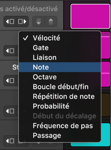 Menu local Mode Édition du séquenceur pas à pas ouvert dans une sous-rangée, avec les différents modes.
