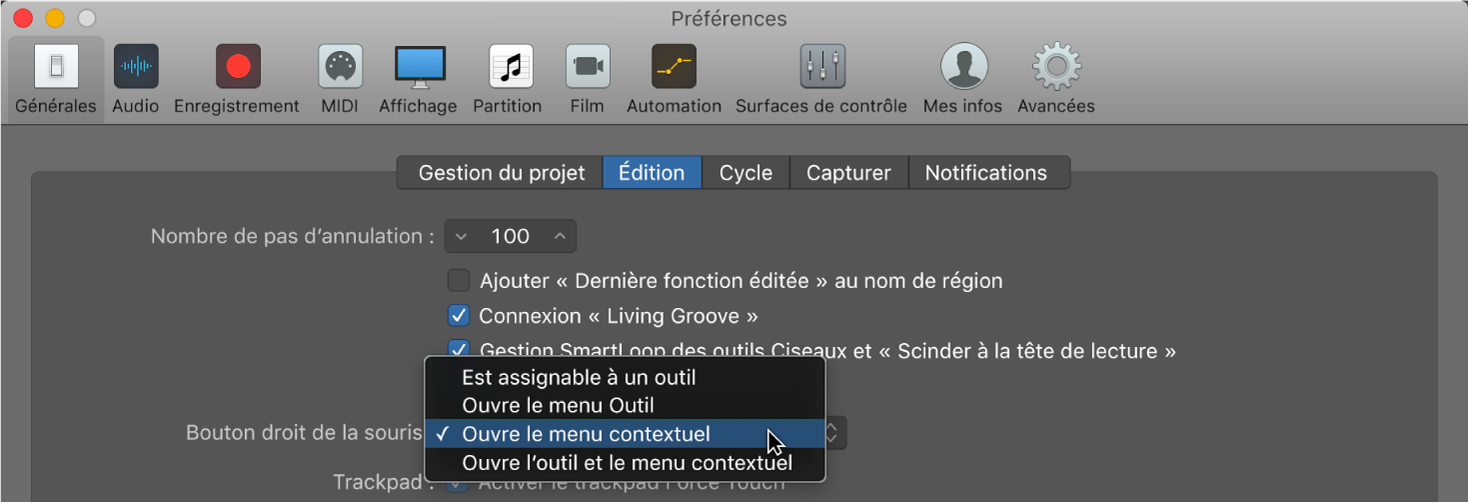 Figure. Menu « Bouton droit de la souris » dans la sous-fenêtre Édition des préférences Général.