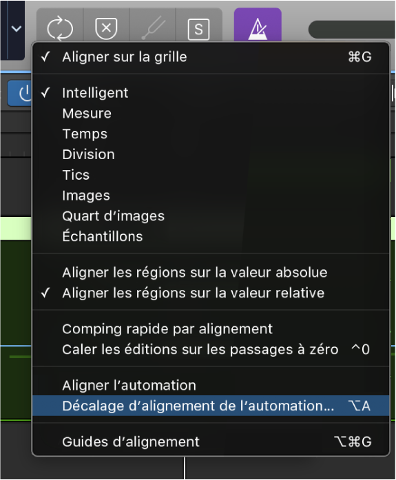 Figure. Pointeur placé sur la commande du menu local Alignement.