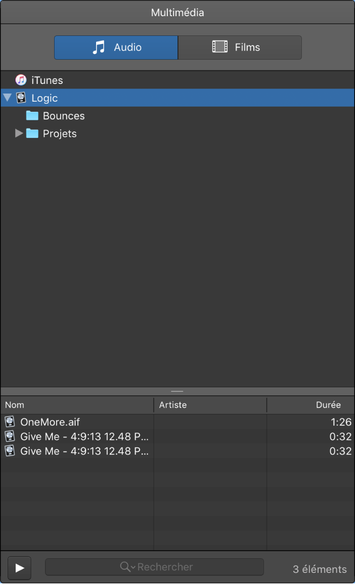 Figure. Navigateur Tous les fichiers affichant les dossiers des fichiers audio et des bounce, ainsi que les fichiers audio dans le dossier de Logic.