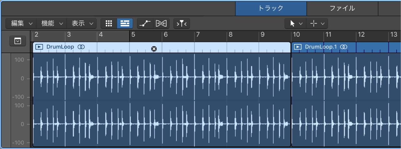 図。リージョンが選択されているオーディオエディタ。