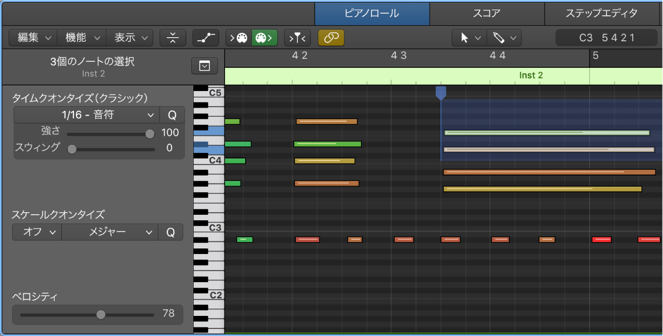 図。Flexマーカーが表示されているピアノ・ロール・エディタ。