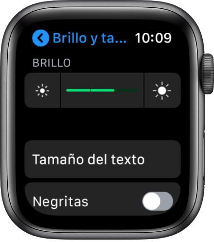 Configuración de brillo en el Apple Watch, con el regulador Brillo en la parte superior, el botón de "Tamaño de texto" debajo y el control de "Negritas" en la parte inferior