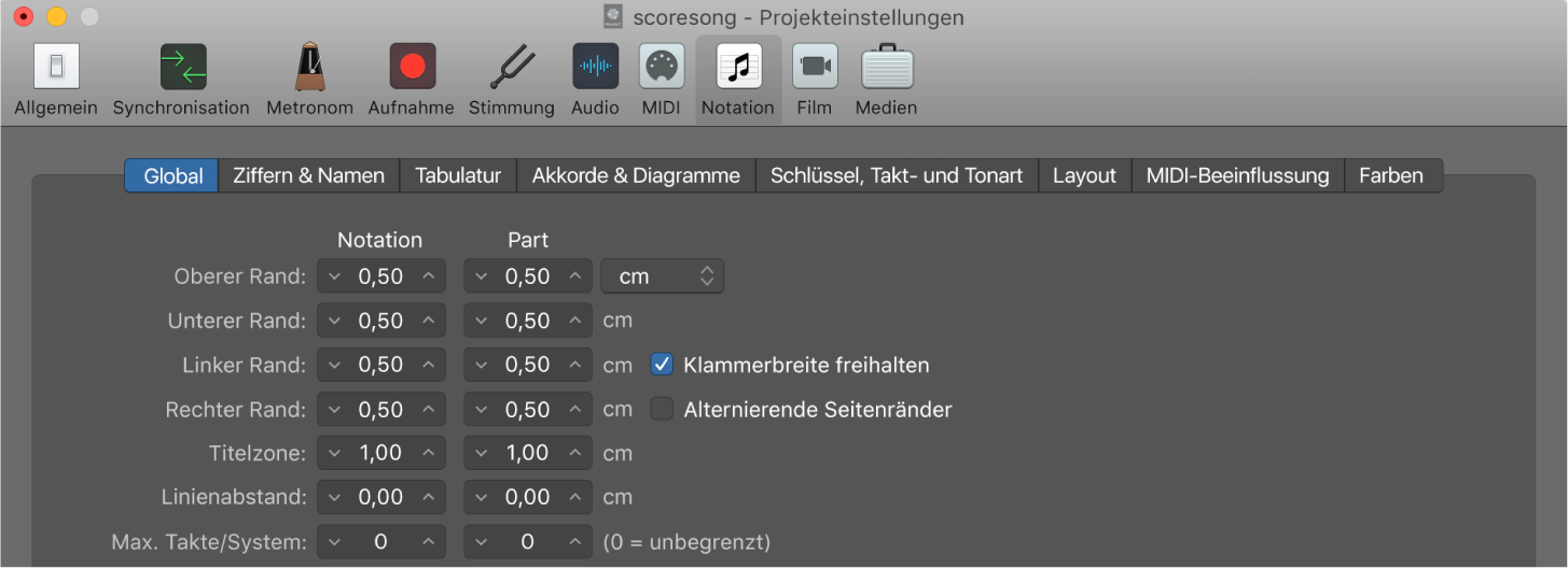 Abbildung. Bereich „Global“ in den Projekteinstellungen für die Notation