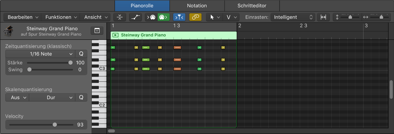 Abbildung. Pianorolleneditor mit einer MIDI-Region mit Noten-Events