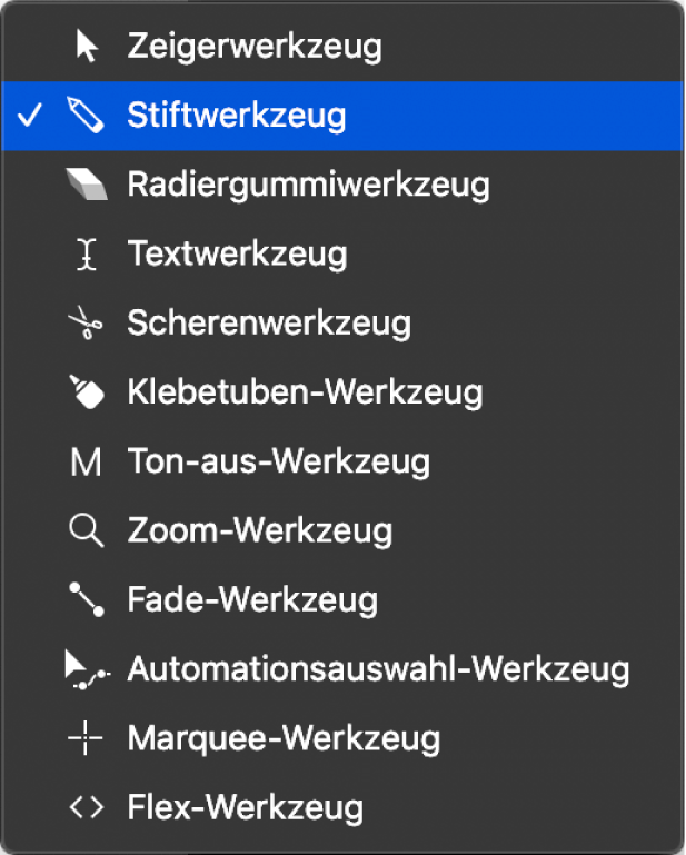 Abbildung. Das Werkzeugmenü des Pianorolleneditors mit dem ausgewählten Stiftwerkzeug