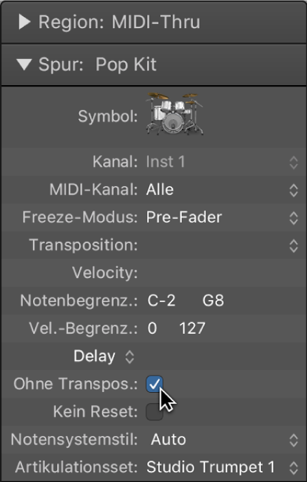Abbildung. Spur-Parameterbox mit ausgewähltem Markierungsfeld „Ohne Transpos.“