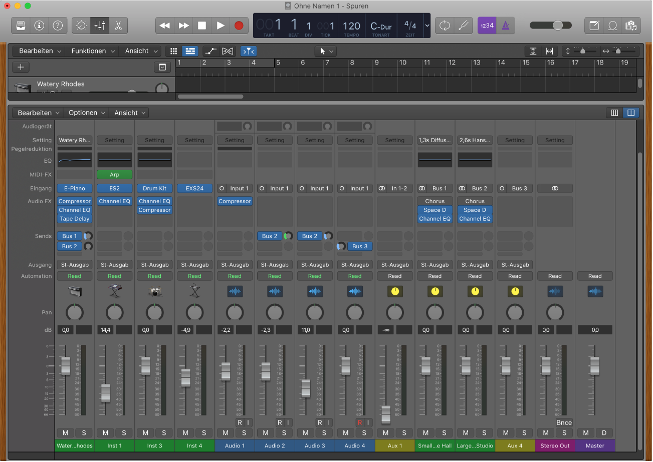 Abbildung. Der Mixer mit Audio-, Software-Instrument-, Aux-, Ausgang- und Master-Channel-Strips