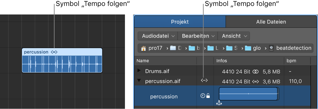 Abbildung. Symbol „Tempo folgen“ auf Audioregion und in der Übersicht „Projektaudio“