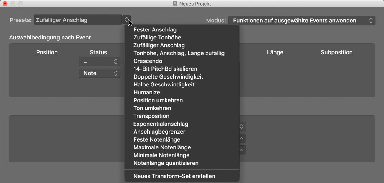 Abbildung. Transformer-Fenster mit Menü „Presets“